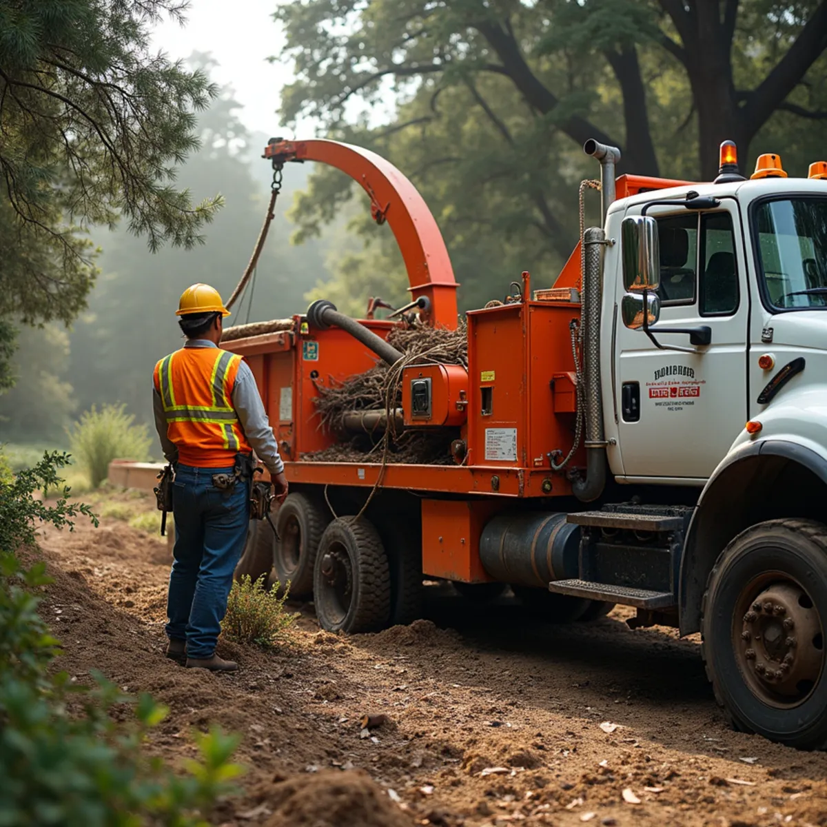 Commercial chipper processing tree trimmings into organic landscape mulch