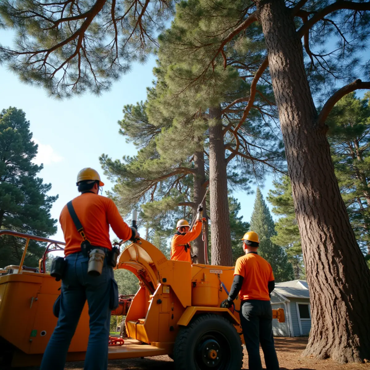 Redwood City tree service crew managing residential canopy rigging near home